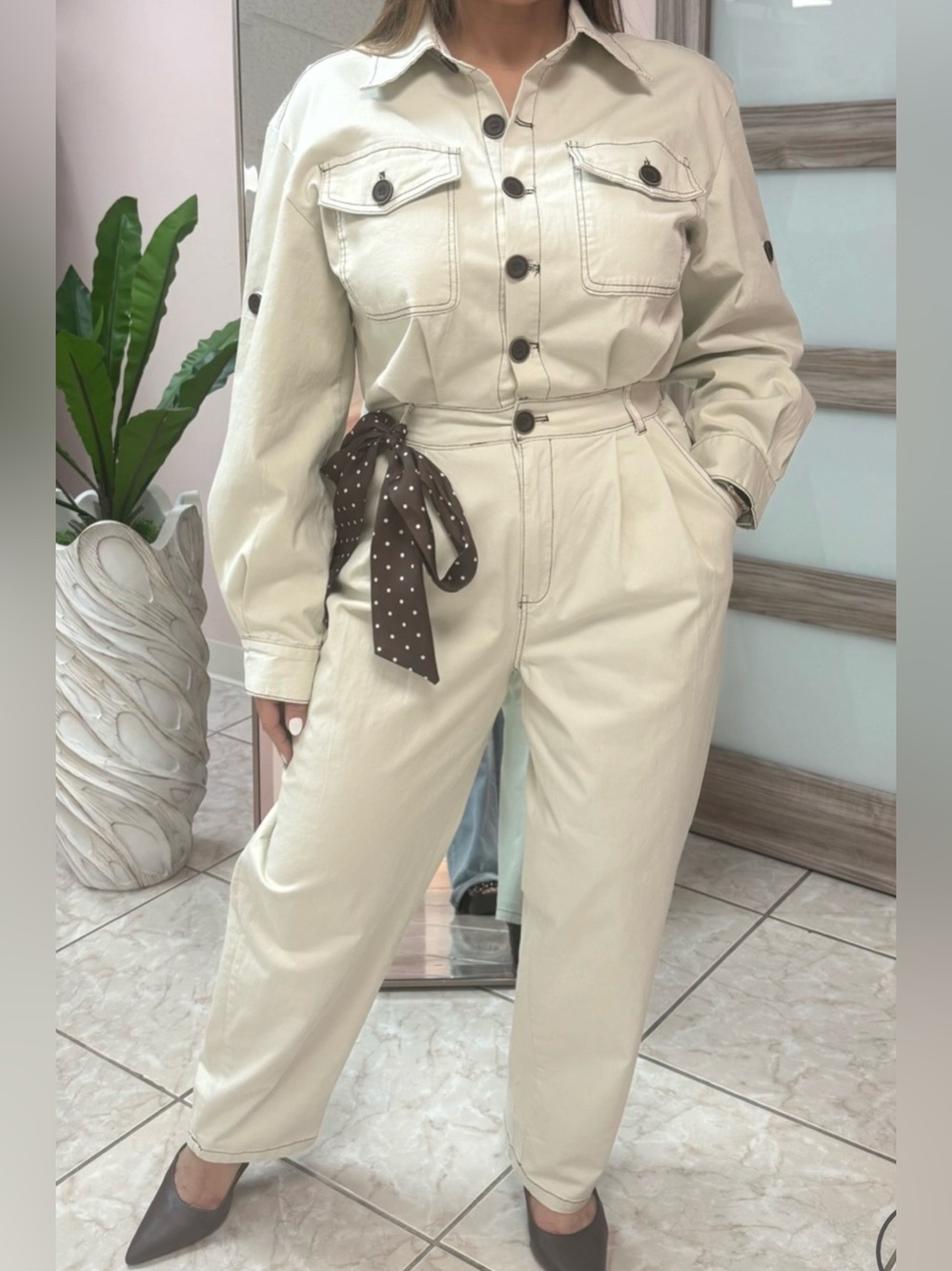 Neutral Utility Jumpsuit with Polka Dot Sash